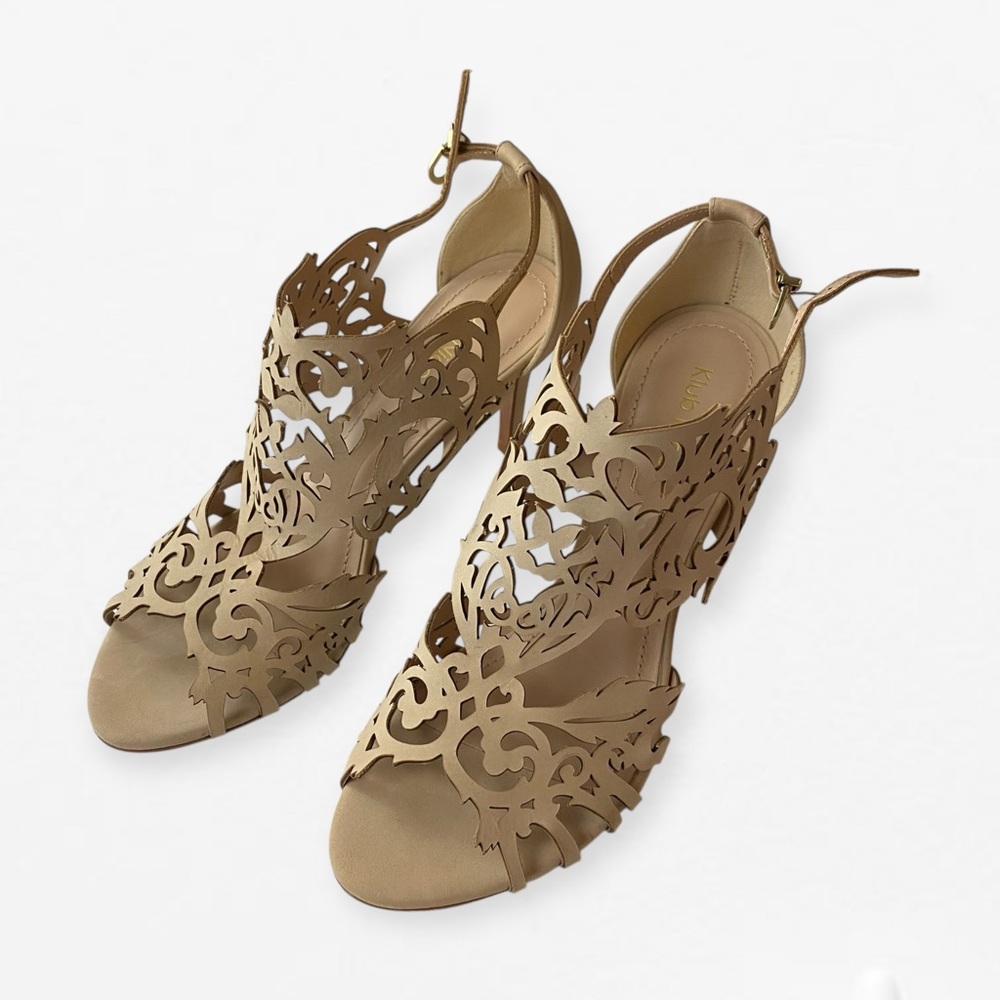 Klub Niko Chic Tan Beige Cutout genuine leather Women's ankle strap heels 8 M